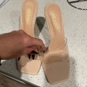 Chase + Chloe Women's Beige Heels with Clear Strap